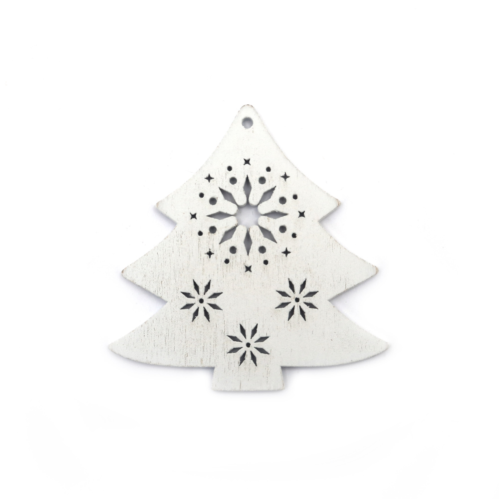 Wooden Christmas Tree Ornament for Decoration / 78x80x3 mm, Hole: 2 mm / White - 4 pieces