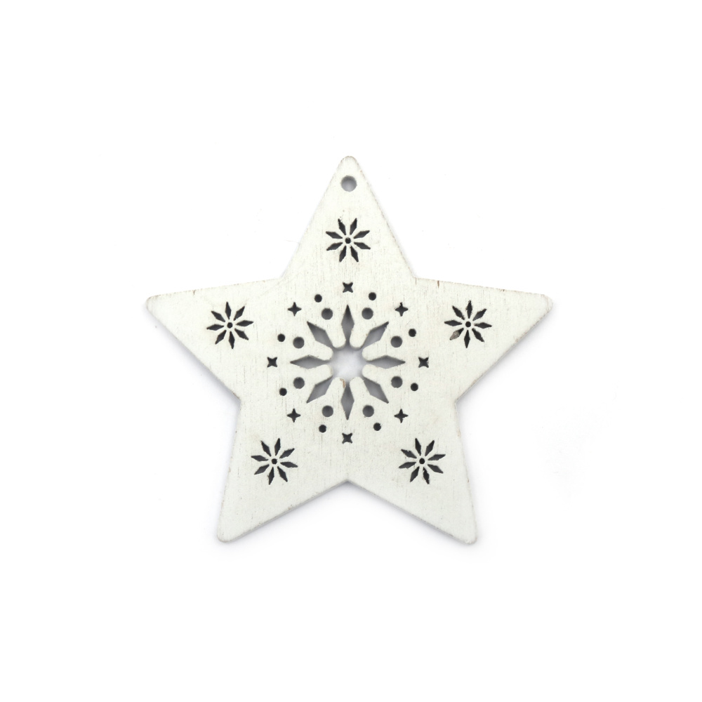 Wooden Star Ornament for Christmas Decoration / 80x80x3 mm, Hole: 3 mm / White - 4 pieces
