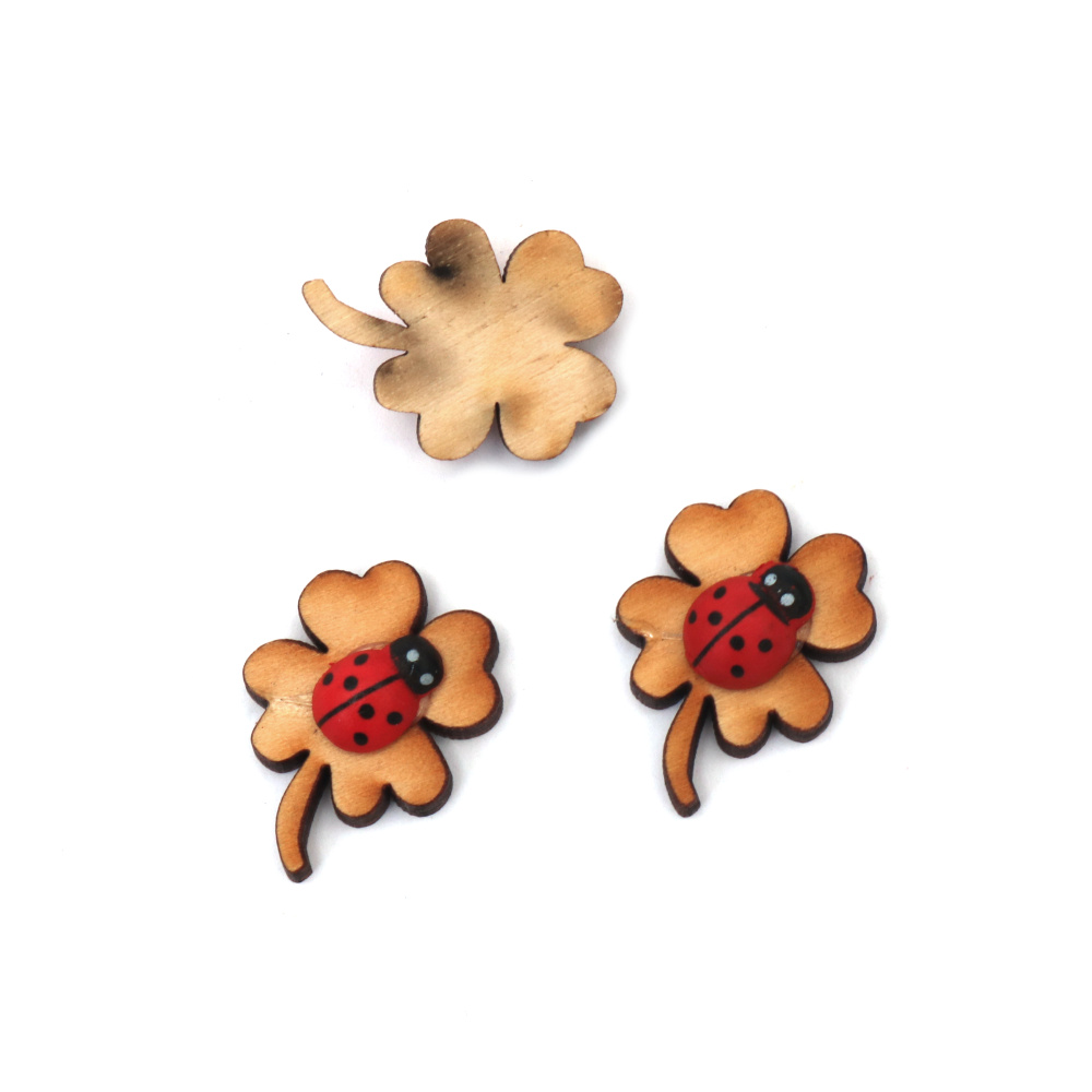 Wooden Decoration Figurine, Clover with Ladybug, 25x18.5 mm - 5 pcs