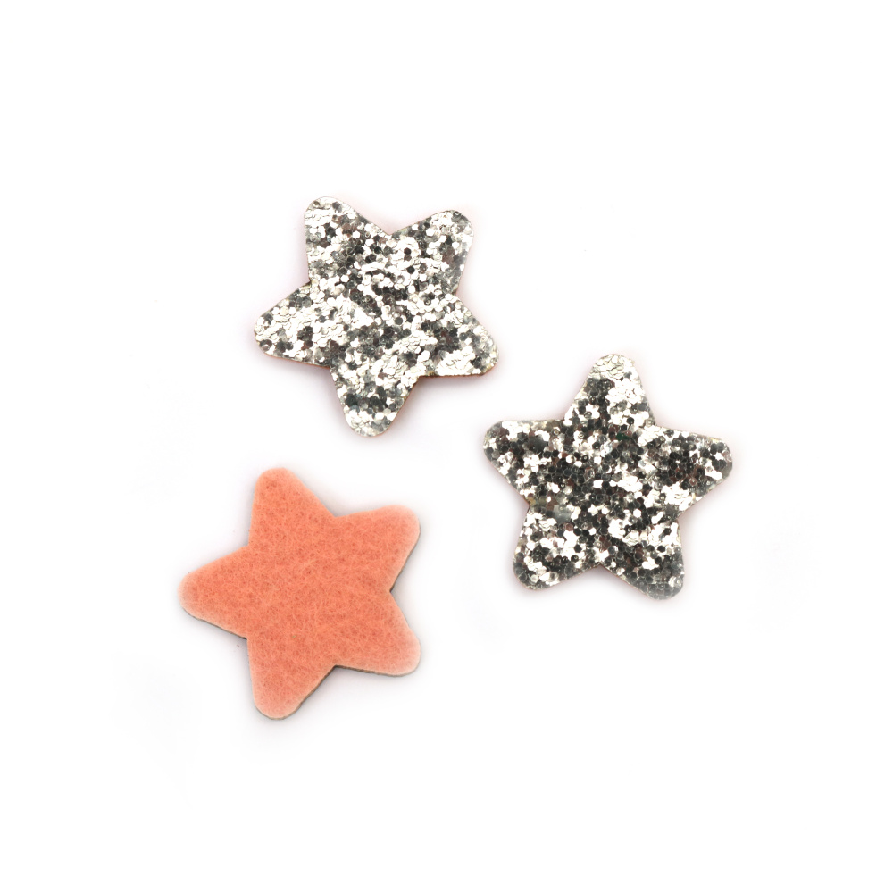 Felt stars with brocade, 35x2.5 mm, silver color - 10 pieces.