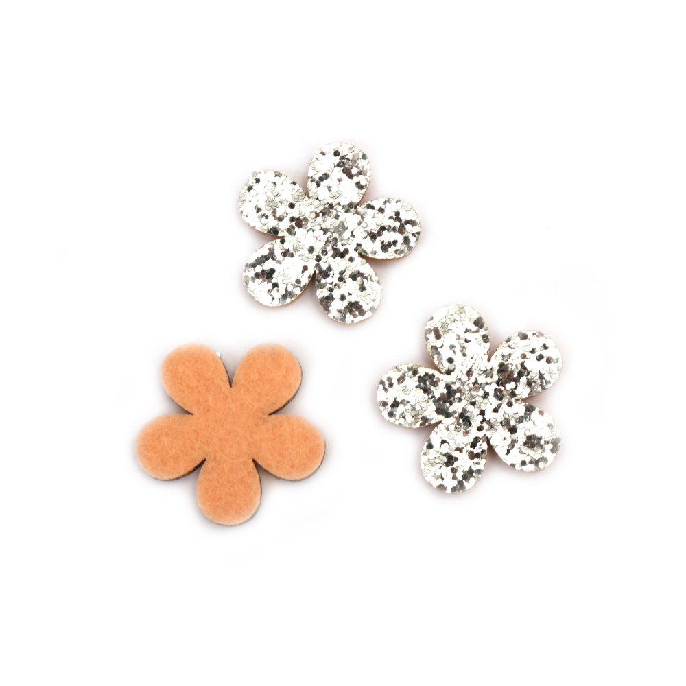 Felt flower with brocade 32x2.5 mm silver color - 10 pieces