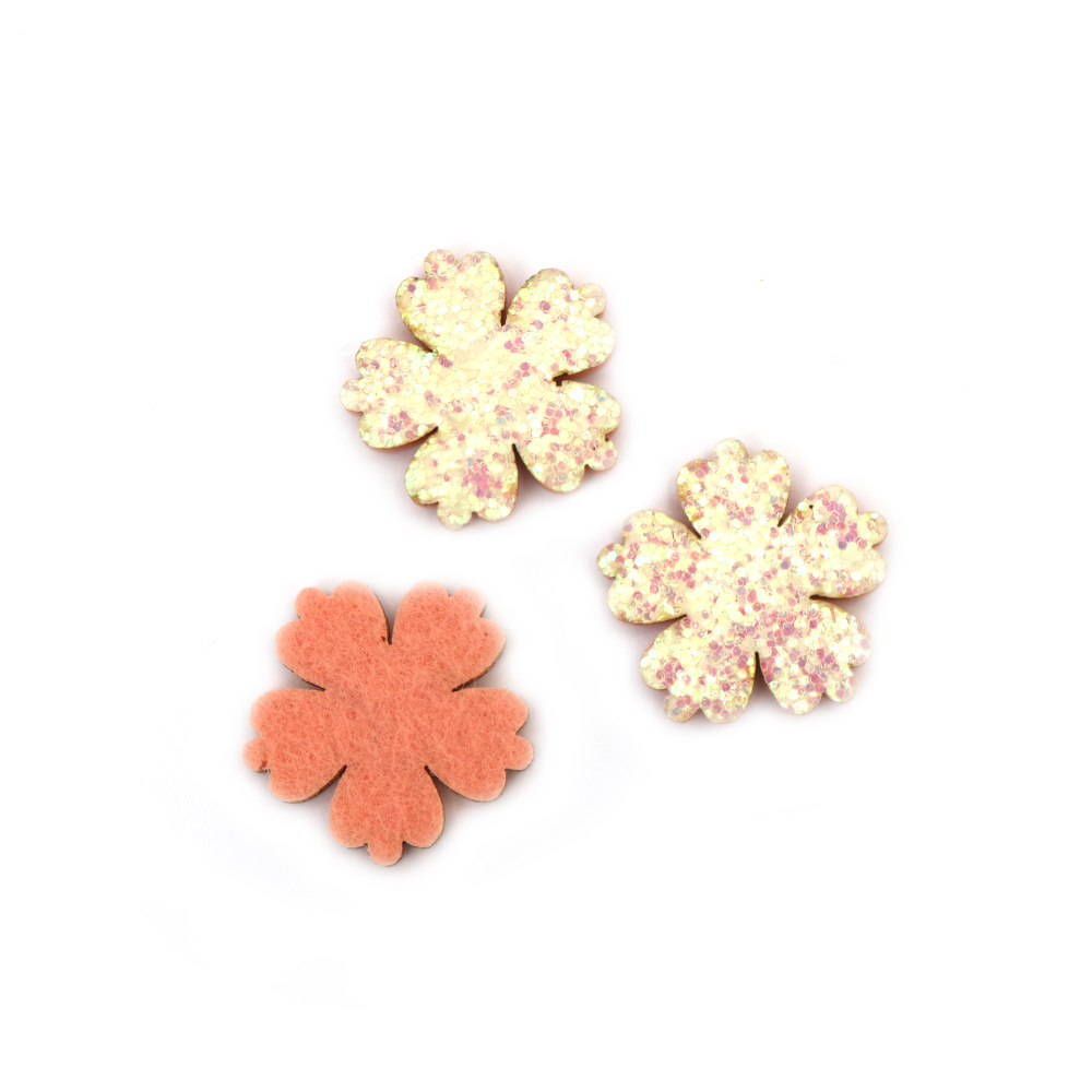 Felt Flower with Brocade, 32x2.5 mm, White Rainbow Color - 10 pieces