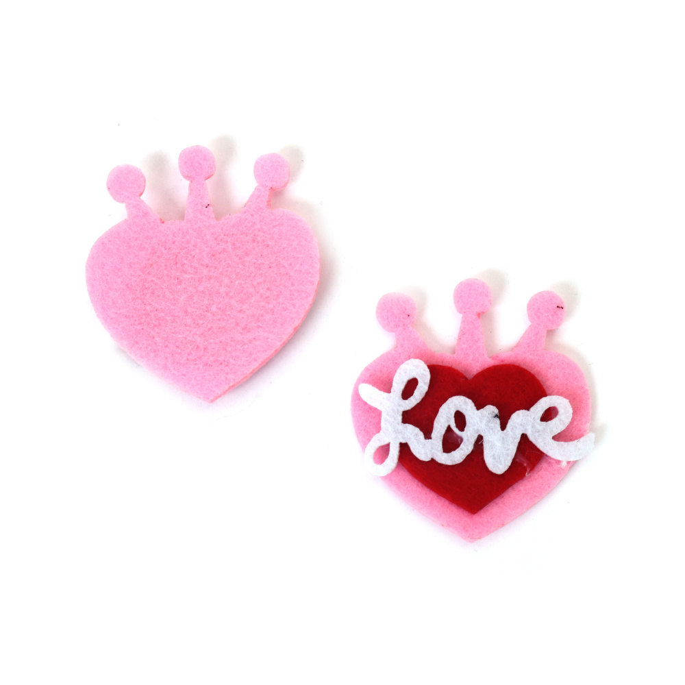 Inimă din fetru cu inscripția „Dragoste” 50x55x6 mm culoare roz roșu și alb - 10 bucăți