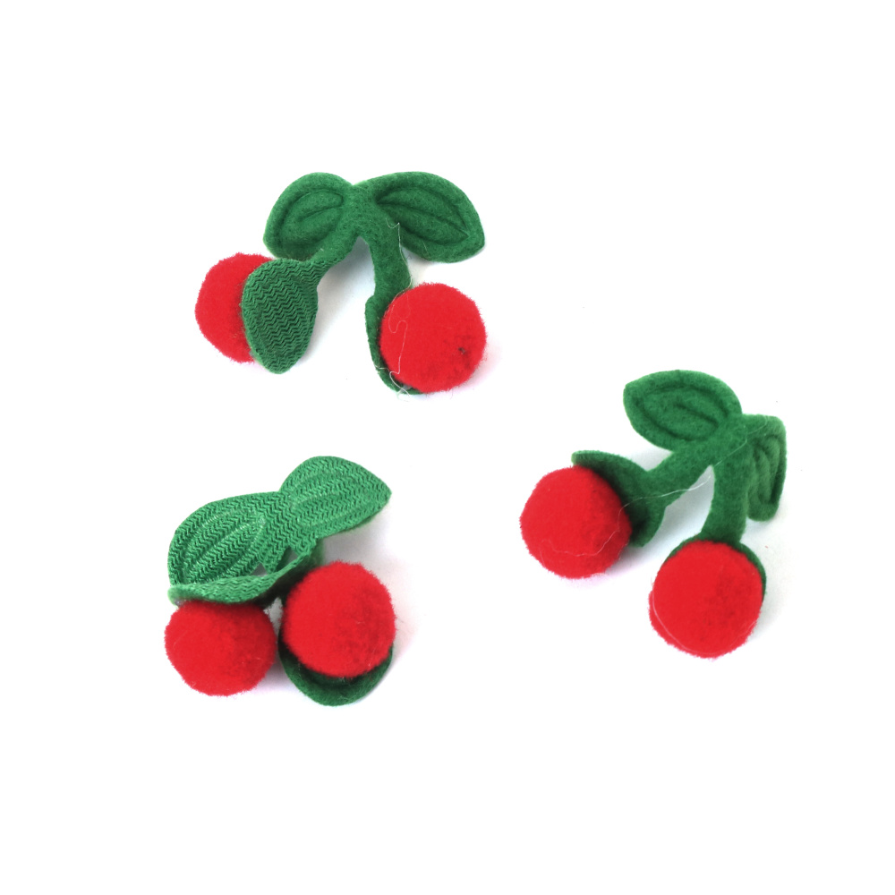 Cireșe cu pompoane 33x30x13 mm culoare roșu și verde - 10 bucăți