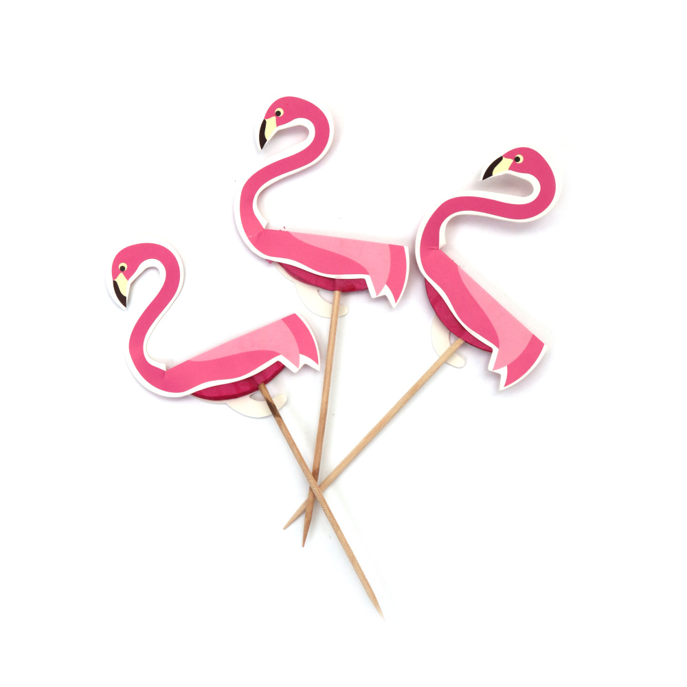 Flamingo de hârtie pe băț pentru decor 58x145 mm - 10 bucăți
