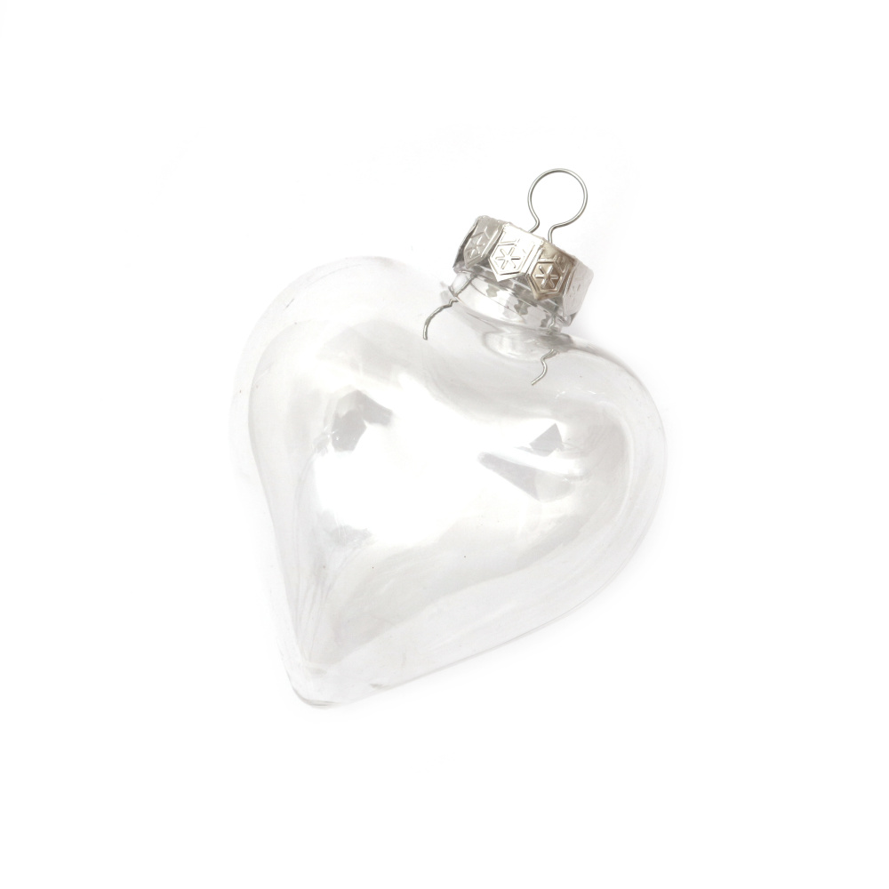 Transparent plastic heart, 87x100 mm, with metal cap and holder