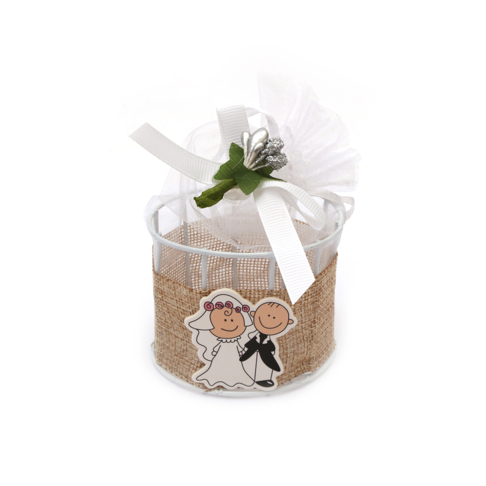 Metal box with newlywed decoration and organza, 70x55 mm, color white