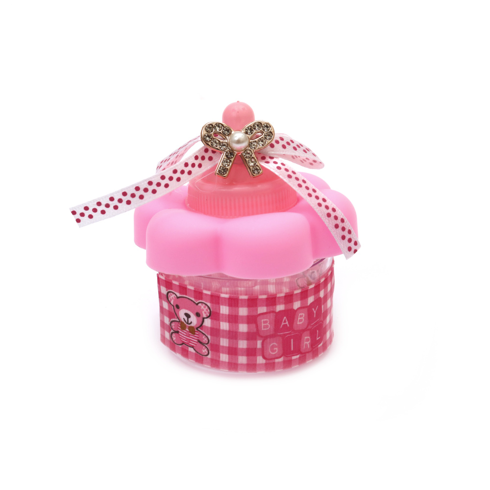 Plastic baby bottle-shaped box for decoration, measuring 80x70 mm in pink color