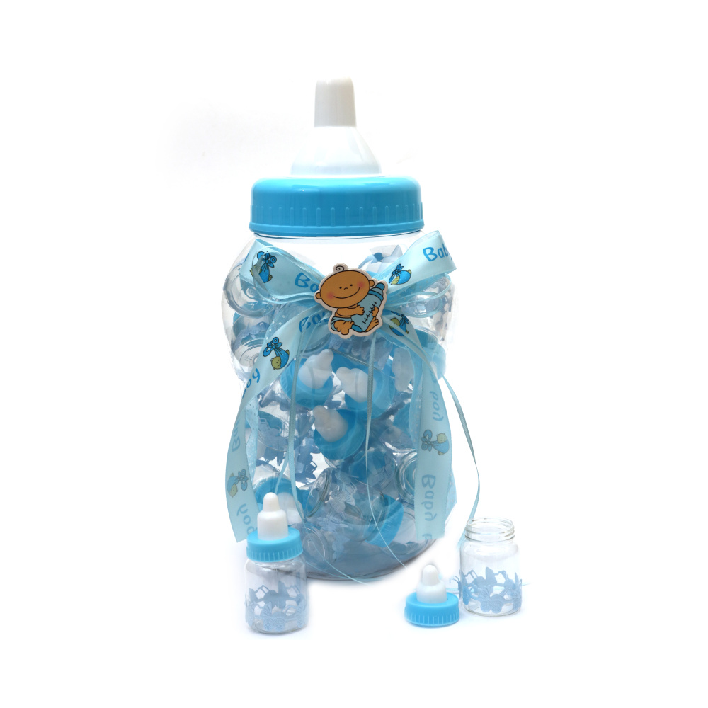 Baby bottle, moneybox, plastic, 360x180 mm, set with 30 small bottles 85x40 mm, blue color