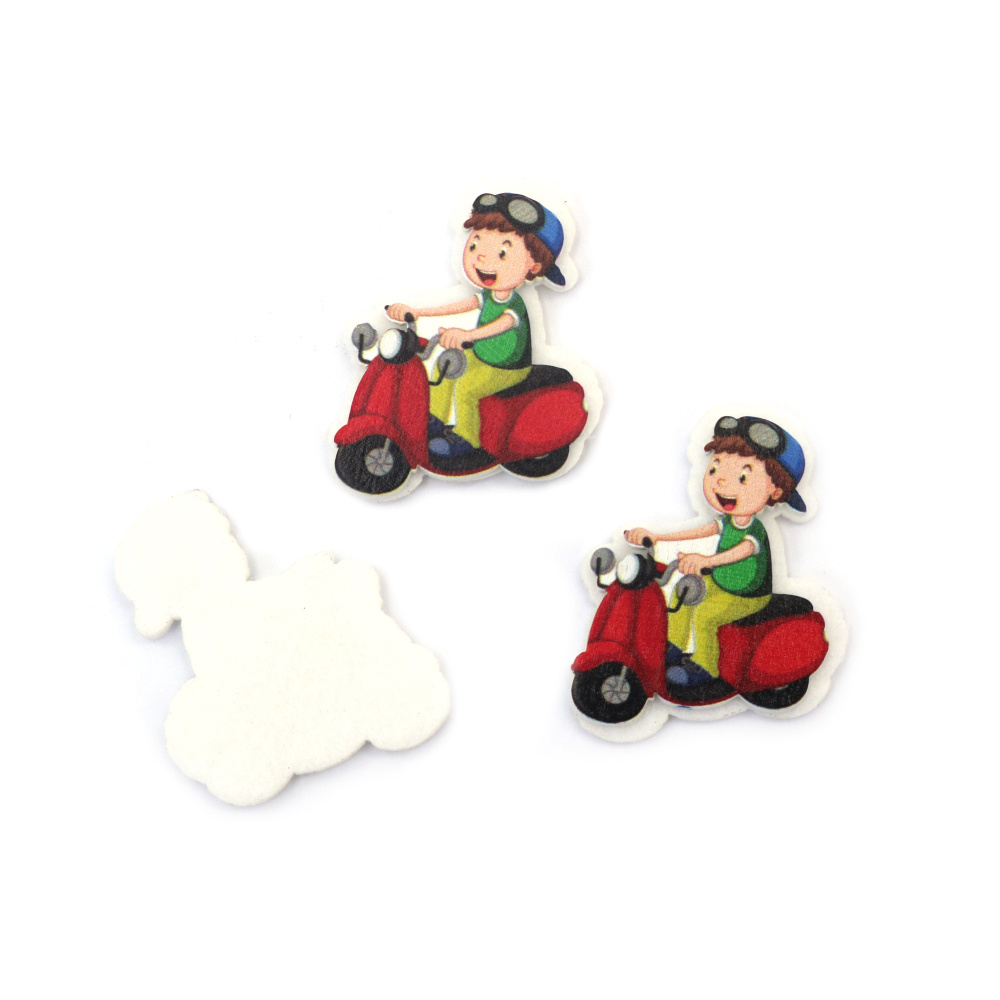 Wood and Felt Cutout - Boy on a Motorbike, 33x38x4 mm - 10 pieces