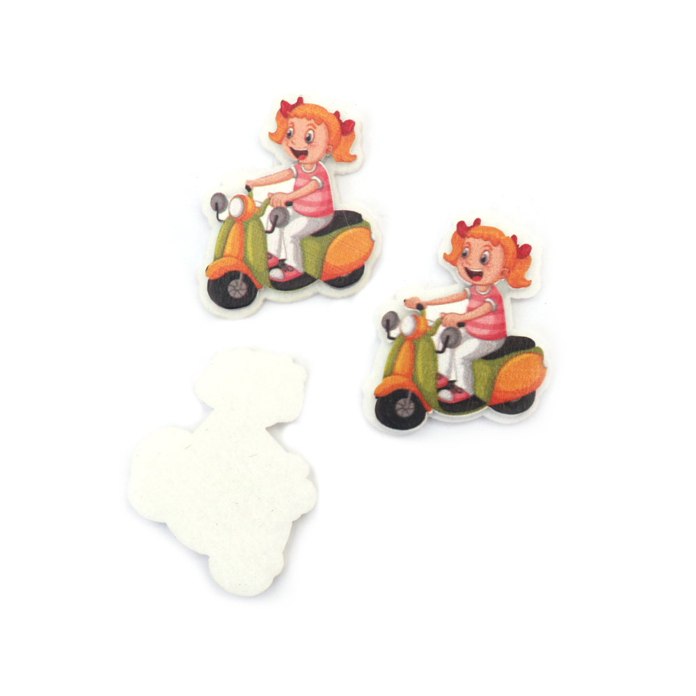 Wood and Felt Cutout - Girl on a Motorbike, 33x38x4 mm - 10 pieces