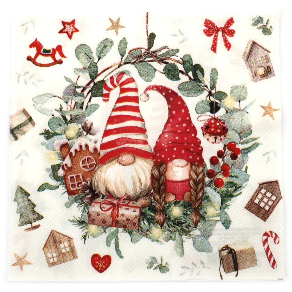 Șervețel pentru decoupage Ambiente de înaltă calitate, 33x33 cm, 3 straturi – Gnomi în coroniță, perfect pentru decor festiv, crafturi DIY și cadouri handmade