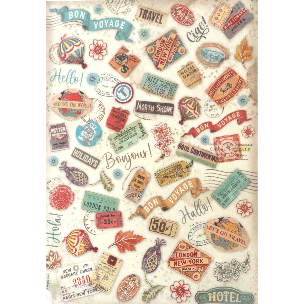 Хартия за декупаж оризова ръчна STAMPERIA   Art of Travelling labels  A4