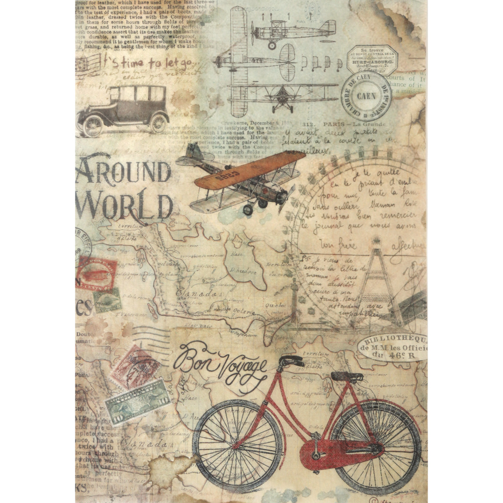 Хартия за декупаж оризова ръчна STAMPERIA   Around the world bicycle  A4