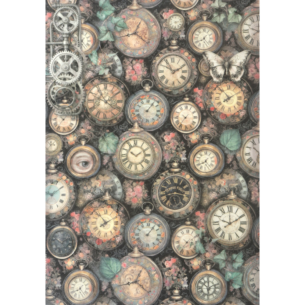 Хартия за декупаж оризова ръчна STAMPERIA  Gardens of Time clock pattern A4
