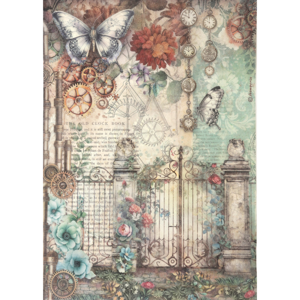 Хартия за декупаж оризова ръчна STAMPERIA  Gardens of Time gate and butterfly A4