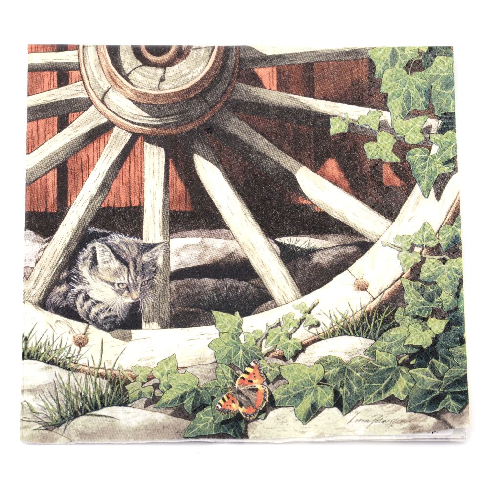 Napkin HOME FASHION for decoupage33x33 cm three-layer Cat on an old wheel -1 piece