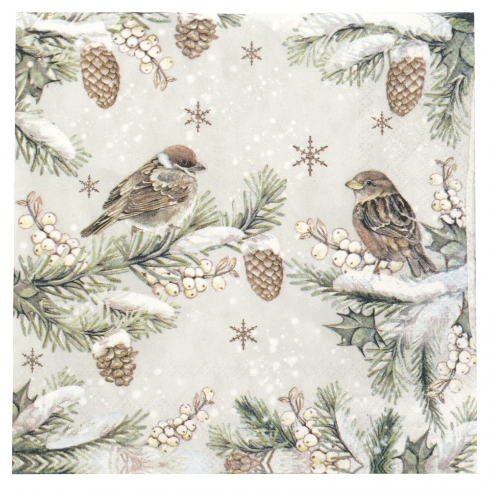 Decorative Napkin for Decoupage with 3 layers AMBIENTE / Sparrows in Snow / 33x33 cm - 1 piece