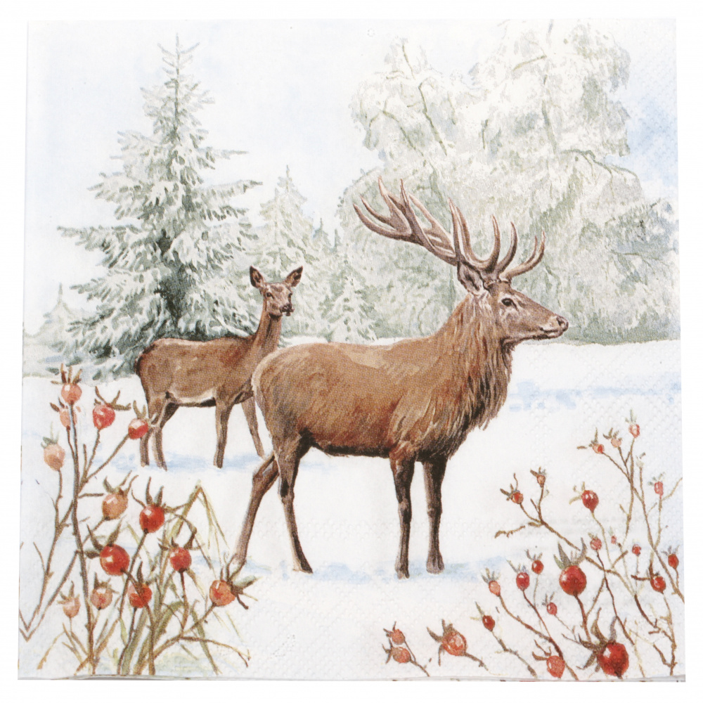 3-Ply Decorative Napkin for Decoupage AMBIENTE / Deer in Snow / 33x33 cm - 1 piece