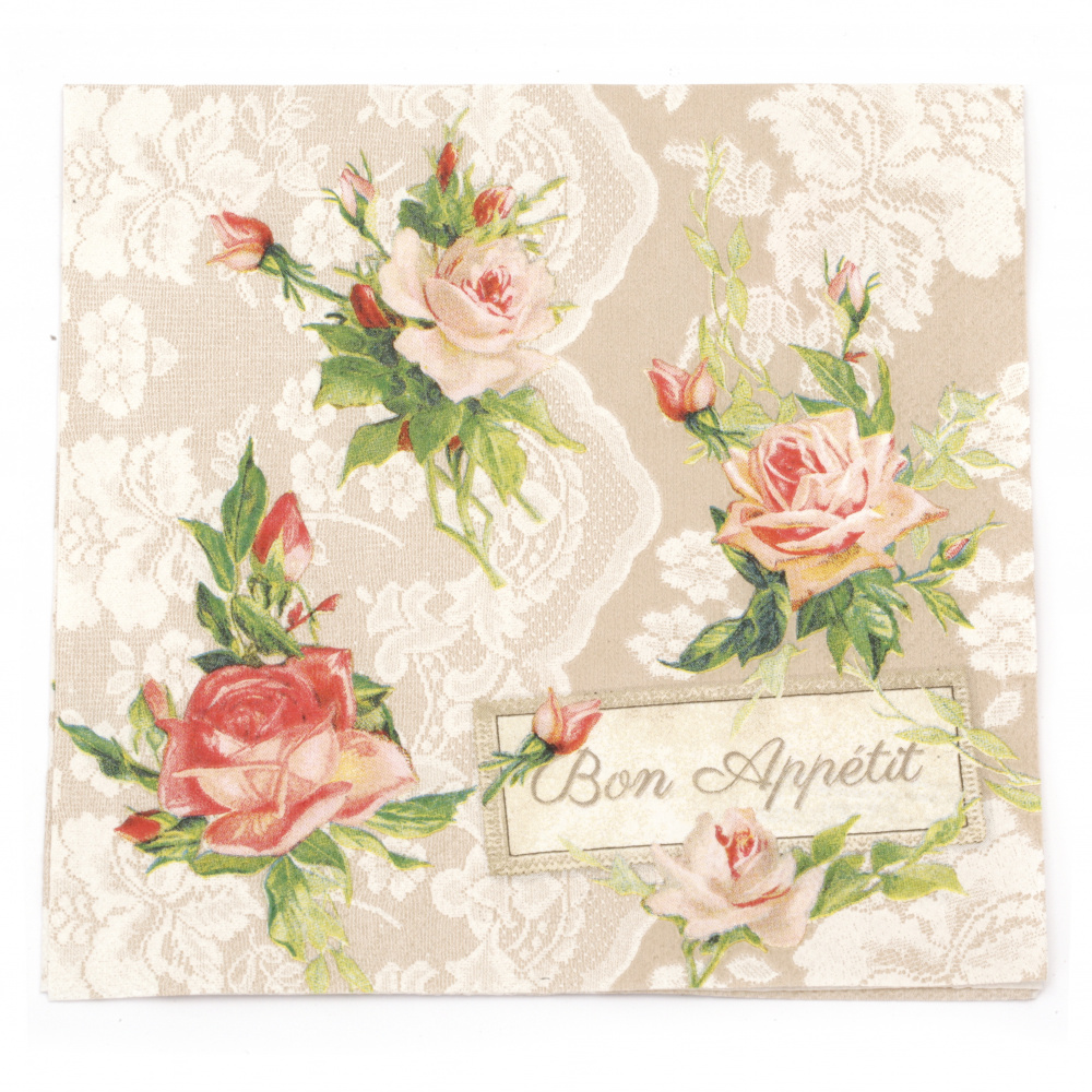 Decoupage Napkin Ambiente, 33x33 cm, Three-Ply, Roses on Lace - 1 piece