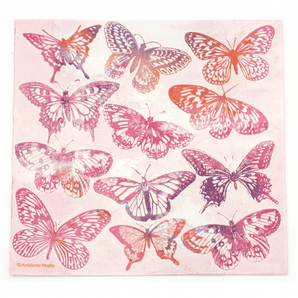 Decoupage Napkin Ambiente, 33x33 cm, Three-Ply, Aquarelle Butterflies Pink - 1 piece