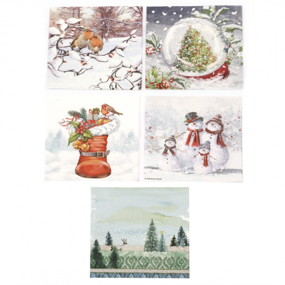 Napkin for decoupage Ambiente 25x25 cm three-layer 5 designs-5 pieces-set CHRISTMAS ASSORTED