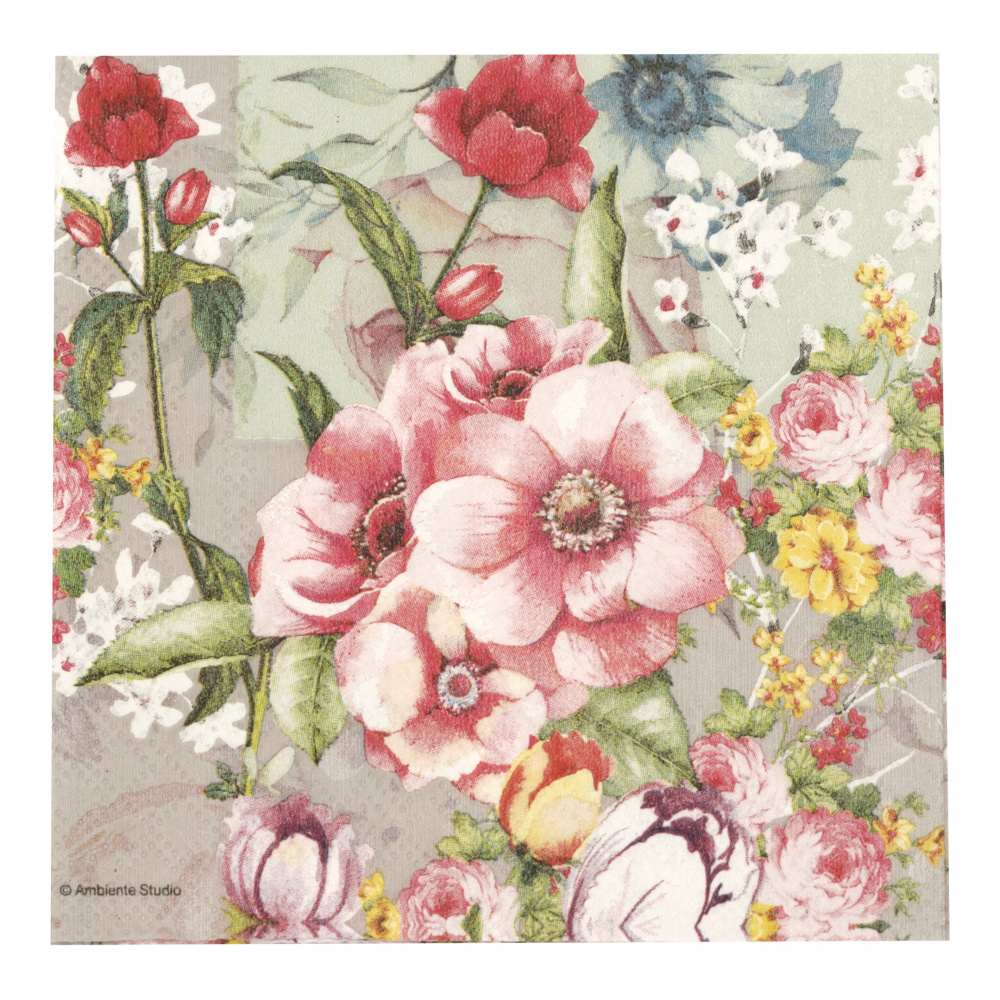 3-Ply Napkins for Decoupage AMBIENTE / Set: FLOWERS 1, 5 designs - 5 pieces / 25x25 cm