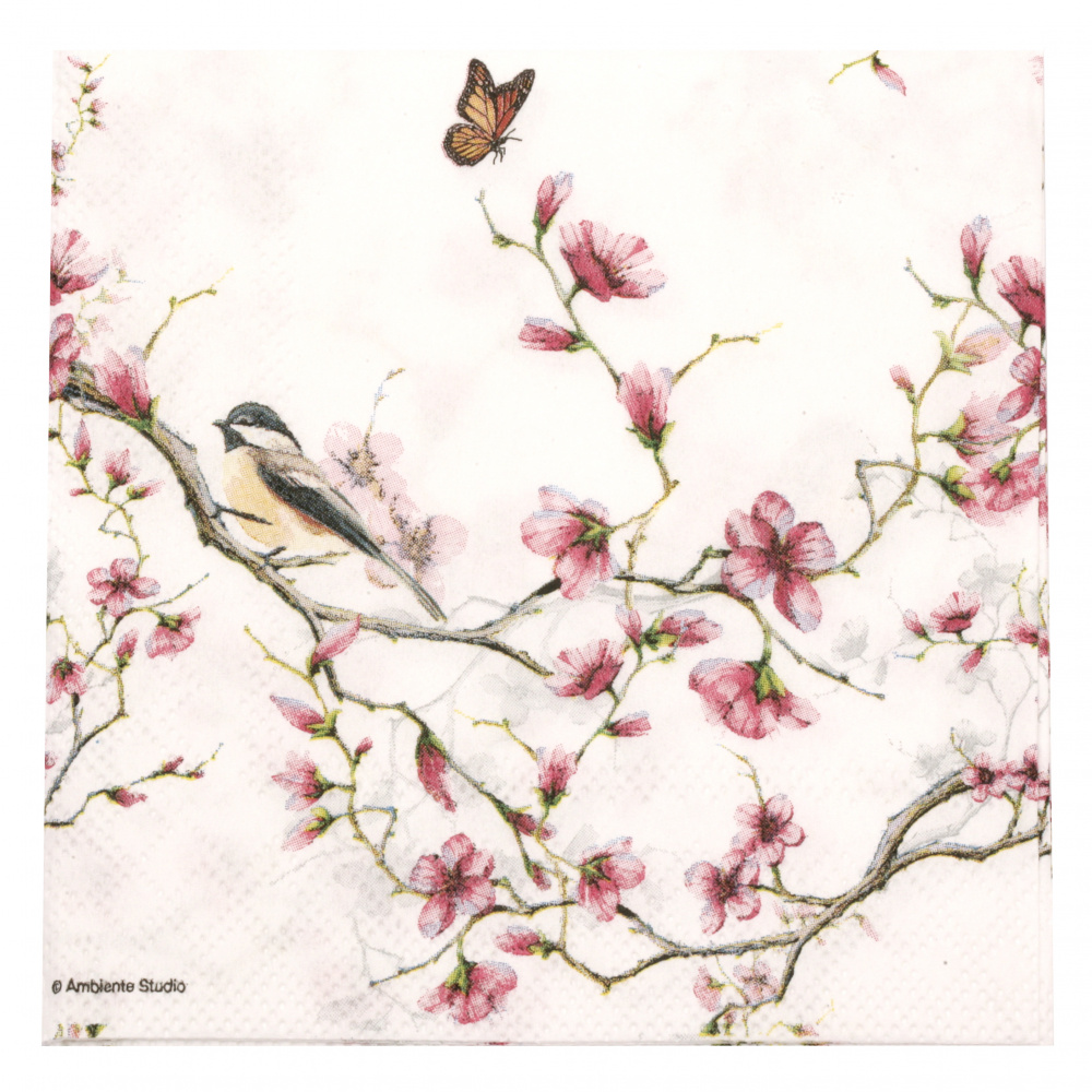 Салфетка за декупаж Ambiente 25x25 см трипластова Bird end Blossom White -1 брой