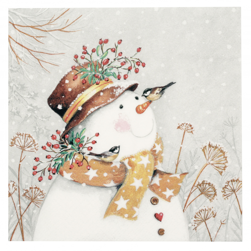 3-Ply Paper Art Napkin for Decoupage TI-FLAIR / Snowman with Golden Scarf / 33x33 cm - 1 piece