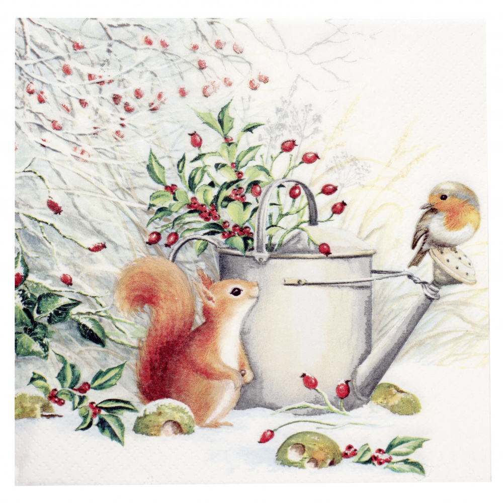 Decoupage Art Napkin with 3 Layers TI-FLAIR / Red Squirrel and Robin /  33x33 cm - 1 piece