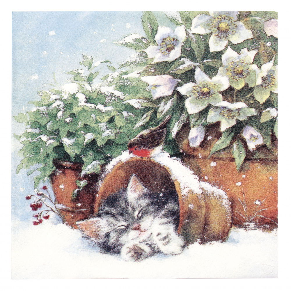 3-Ply Christmas Paper Napkin for Decoupage TI-FLAIR / Kitten sleeping in Plant Pot / 33x33 cm - 1 piece