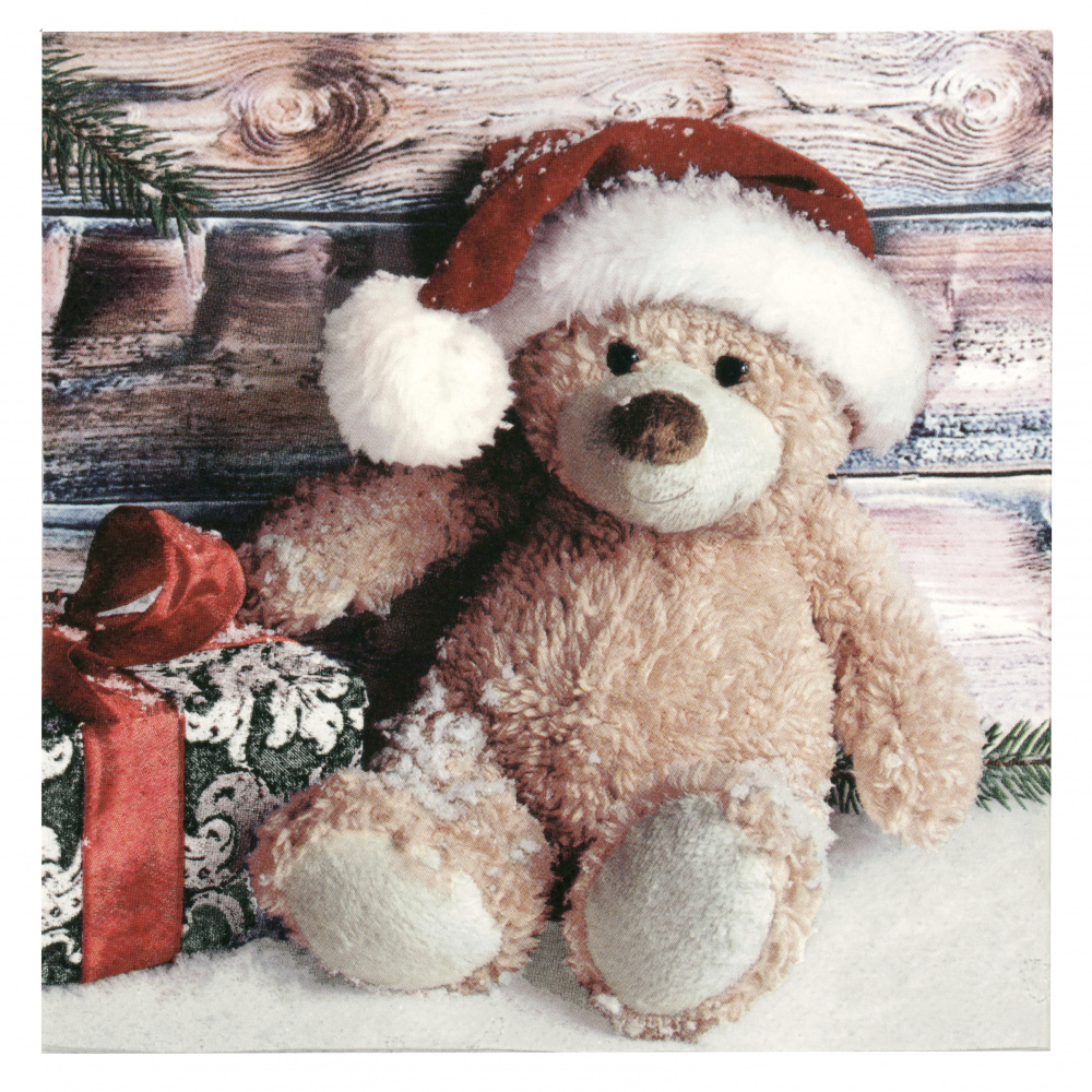 3-Ply Decorative Napkin for Decoupage TI-FLAIR / Christmas Teddy with Present / 33x33 cm / - 1 piece