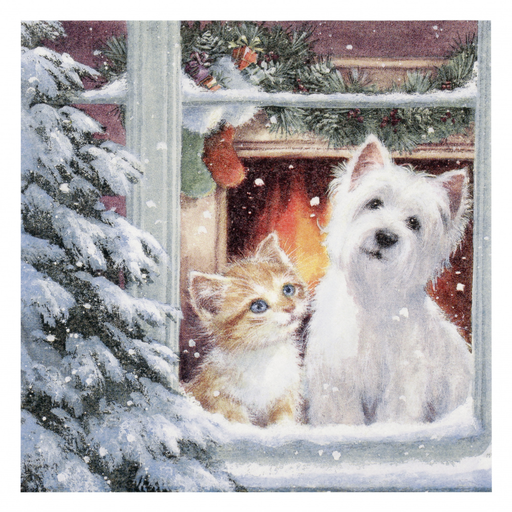 Decoupage Art Napkin with 3 Layers TI-FLAIR / Puppy and Kitten looking out of Window /  33x33 cm - 1 piece