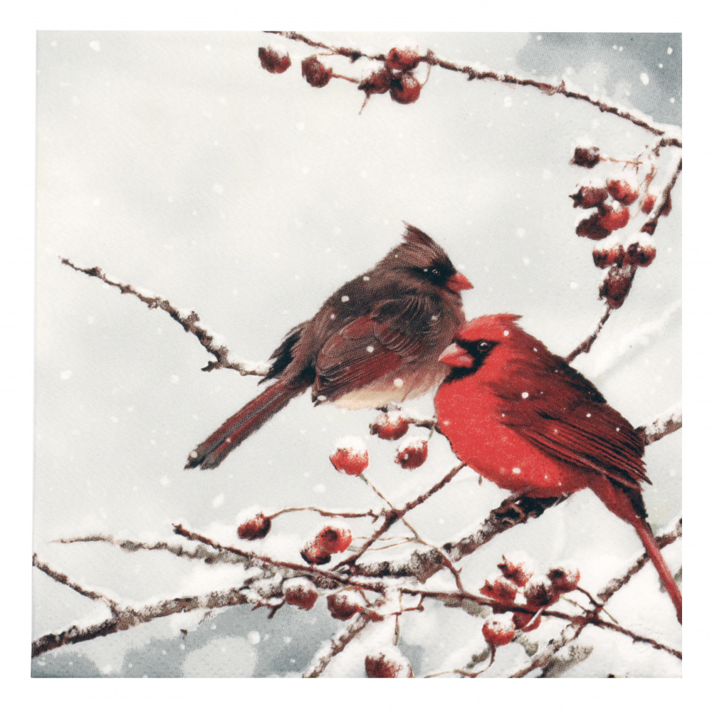 Decoupage Art Napkin with 3 Layers TI-FLAIR / Cardinal Birds on snowy Branch / 33x33 cm - 1 piece