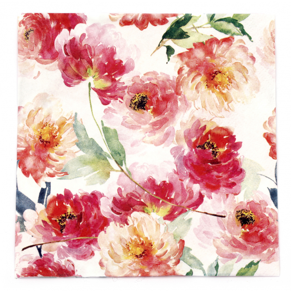 3-Ply Art Napkin TI-FLAIR for Decoupage / Summer Roses / White / 33x33 cm - 1 piece