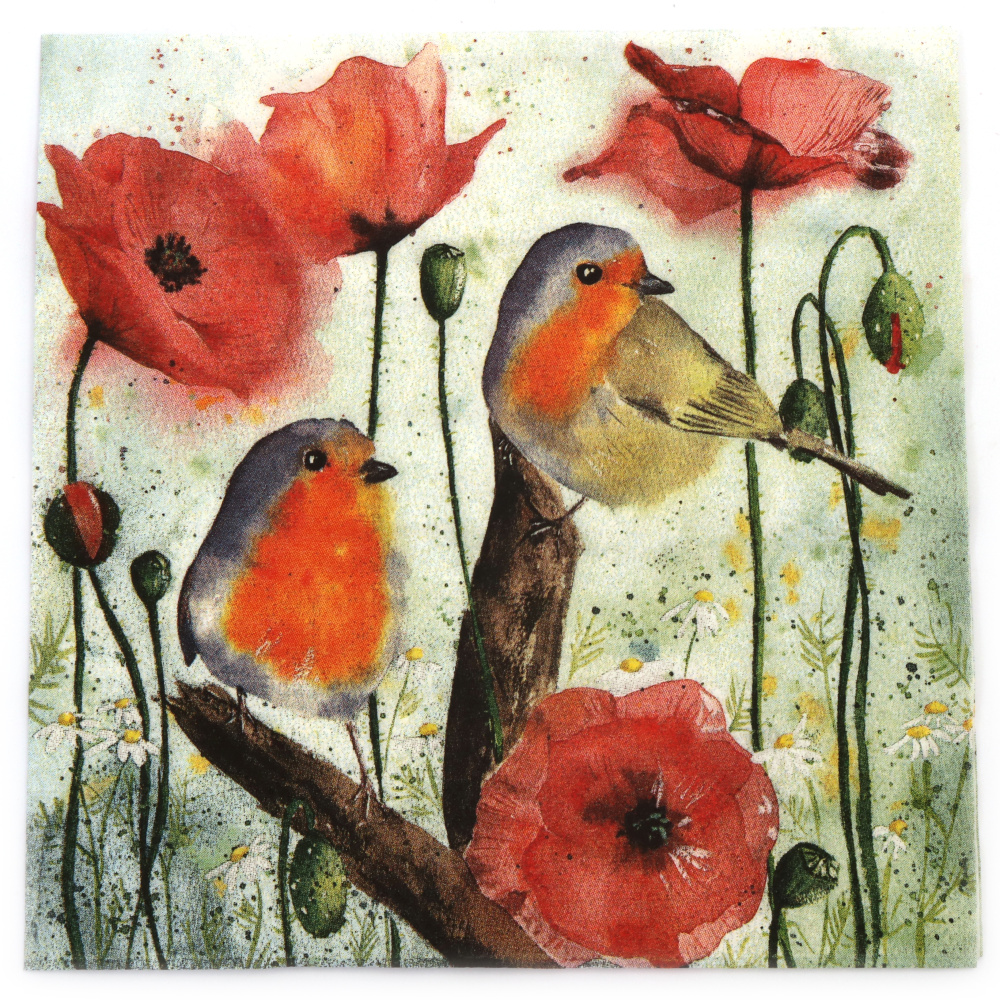 Ti-Flair Napkin, 33x33 cm, Three-Ply, Featuring Red Robin and Poppy - 1 piece