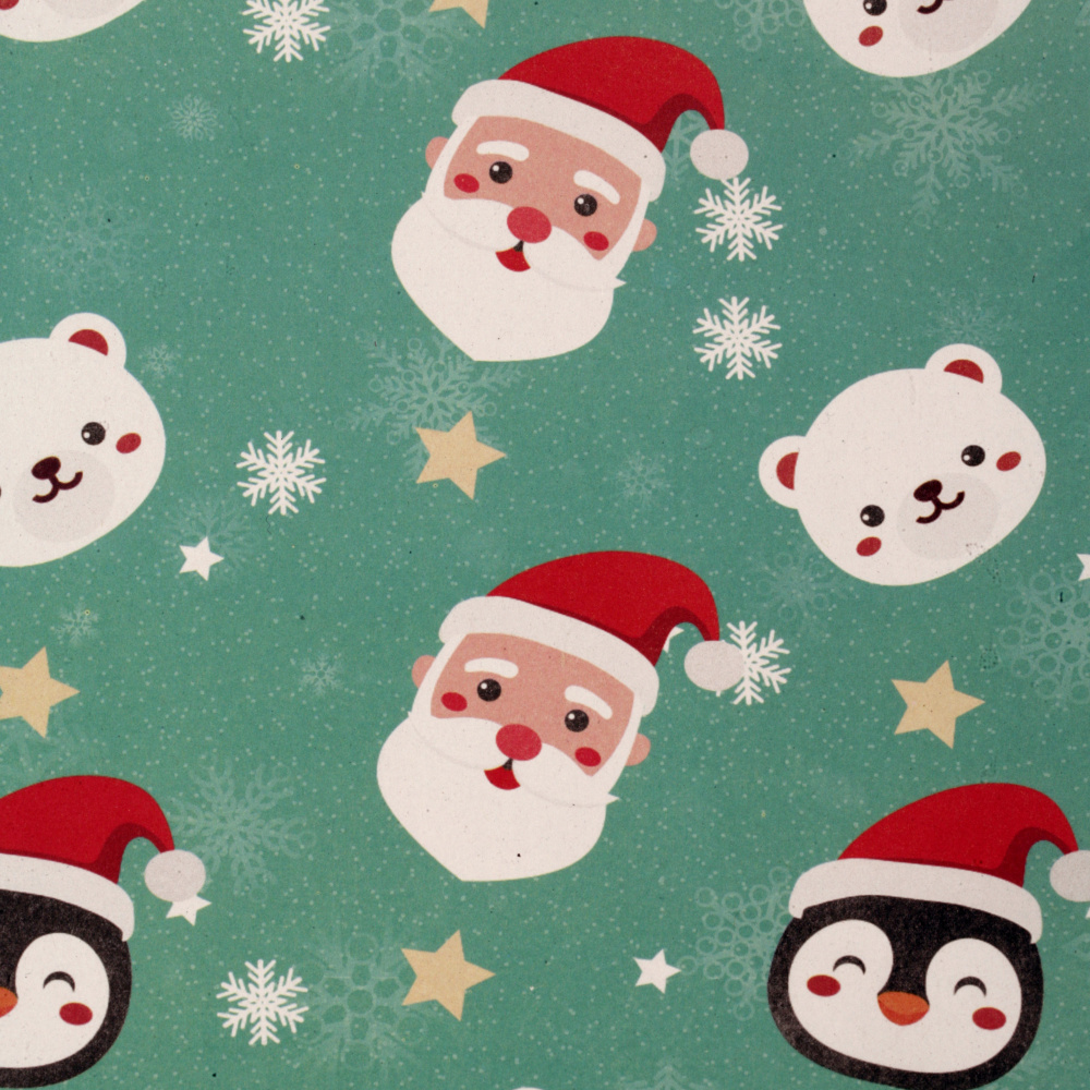 Christmas Wrapping Paper 510x750 mm Santa Claus and Cute Animals, Mint Green