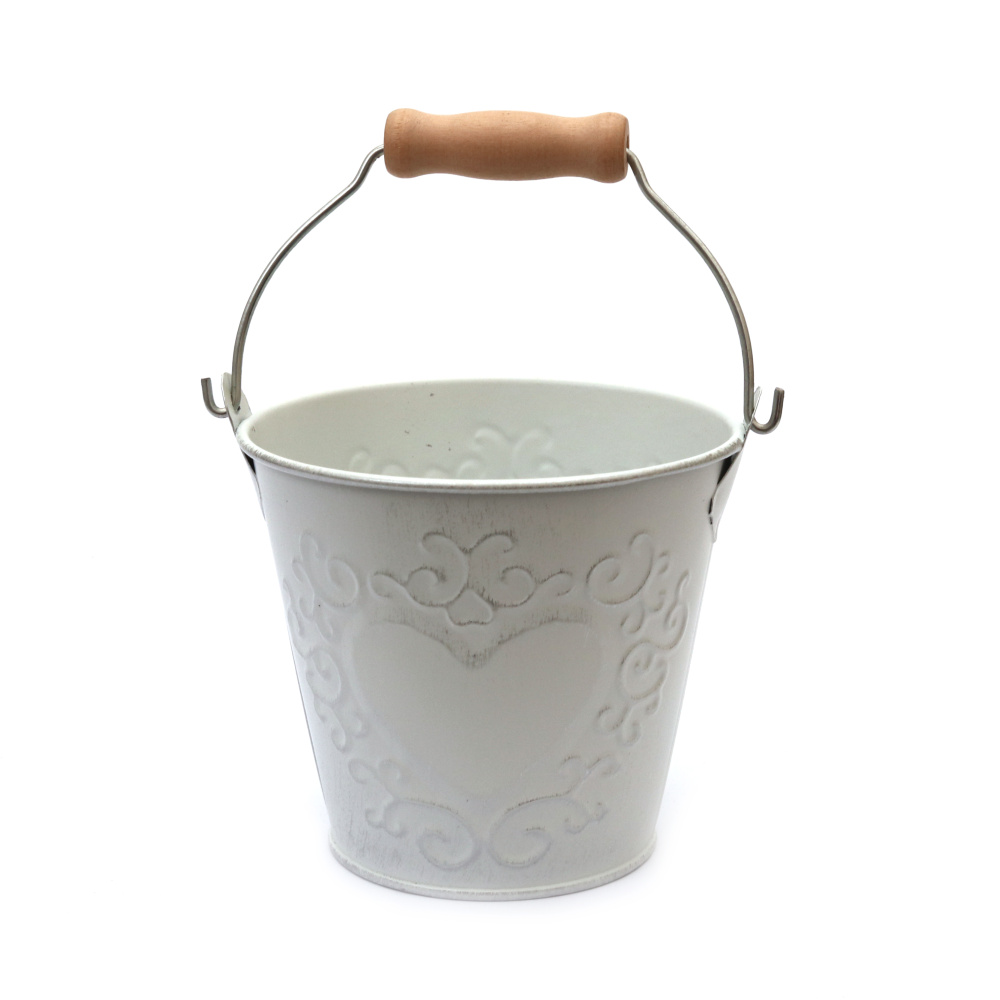 Decorative Heart Embossed Metal Bucket  90x100 mm, color white