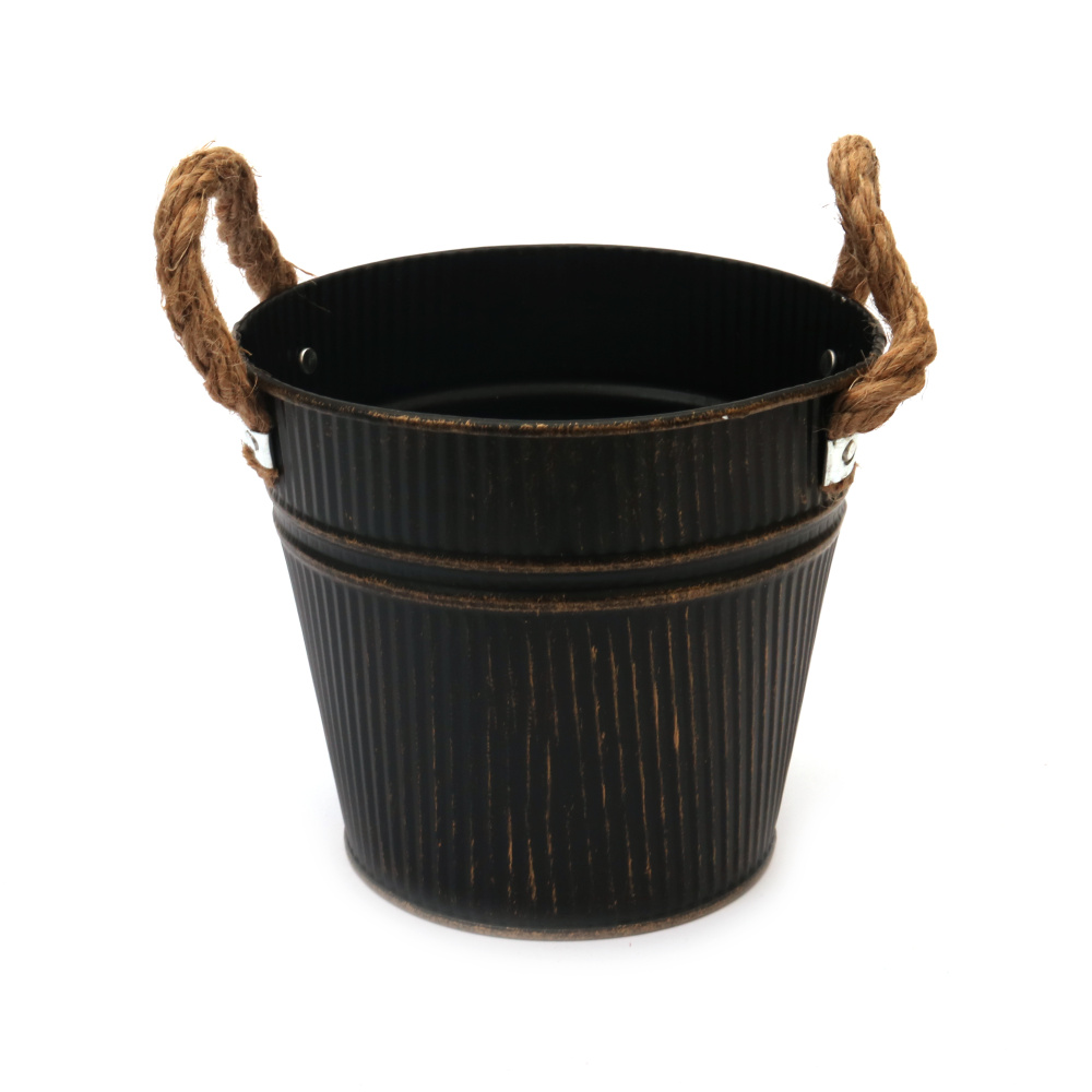 Embossed Metal Planter Bucket with Hemp Handles 120x125 mm color brown