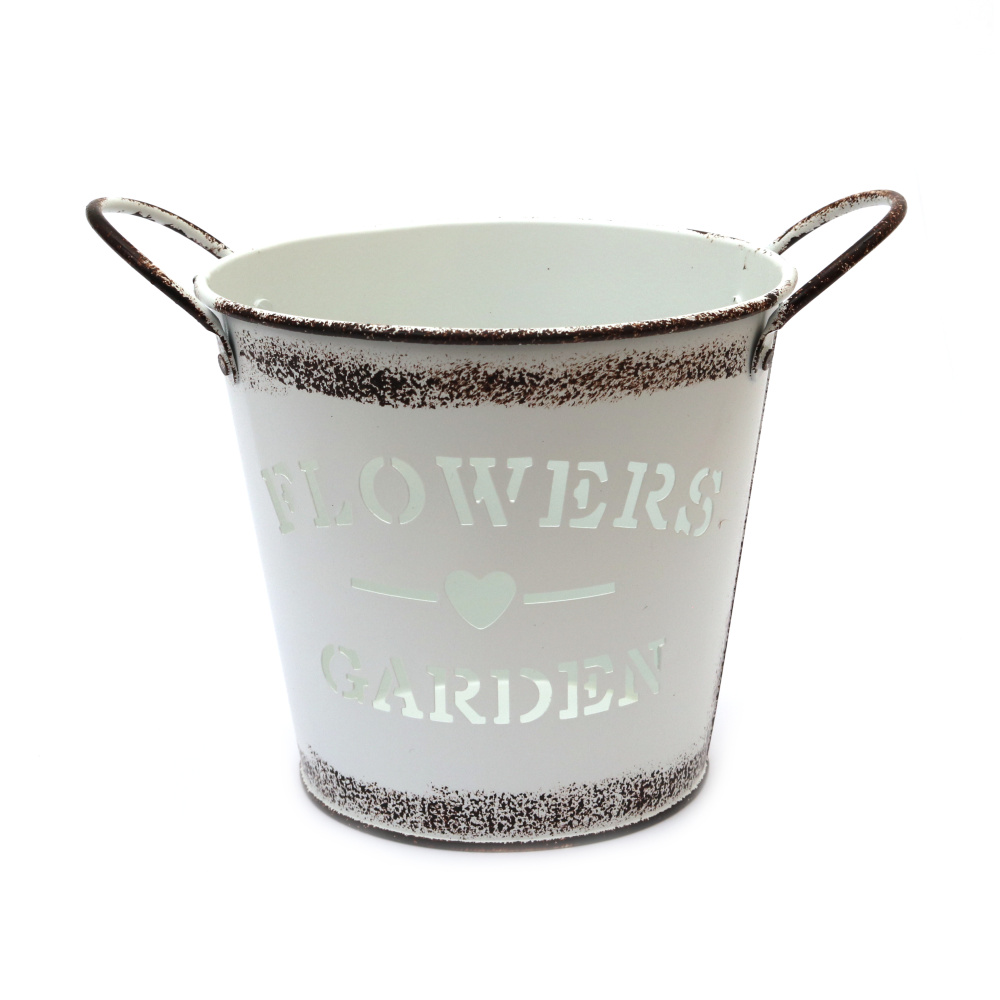 Decorative Metal Bucket 120x130 mm with Flowers and Garden Word Design, color white