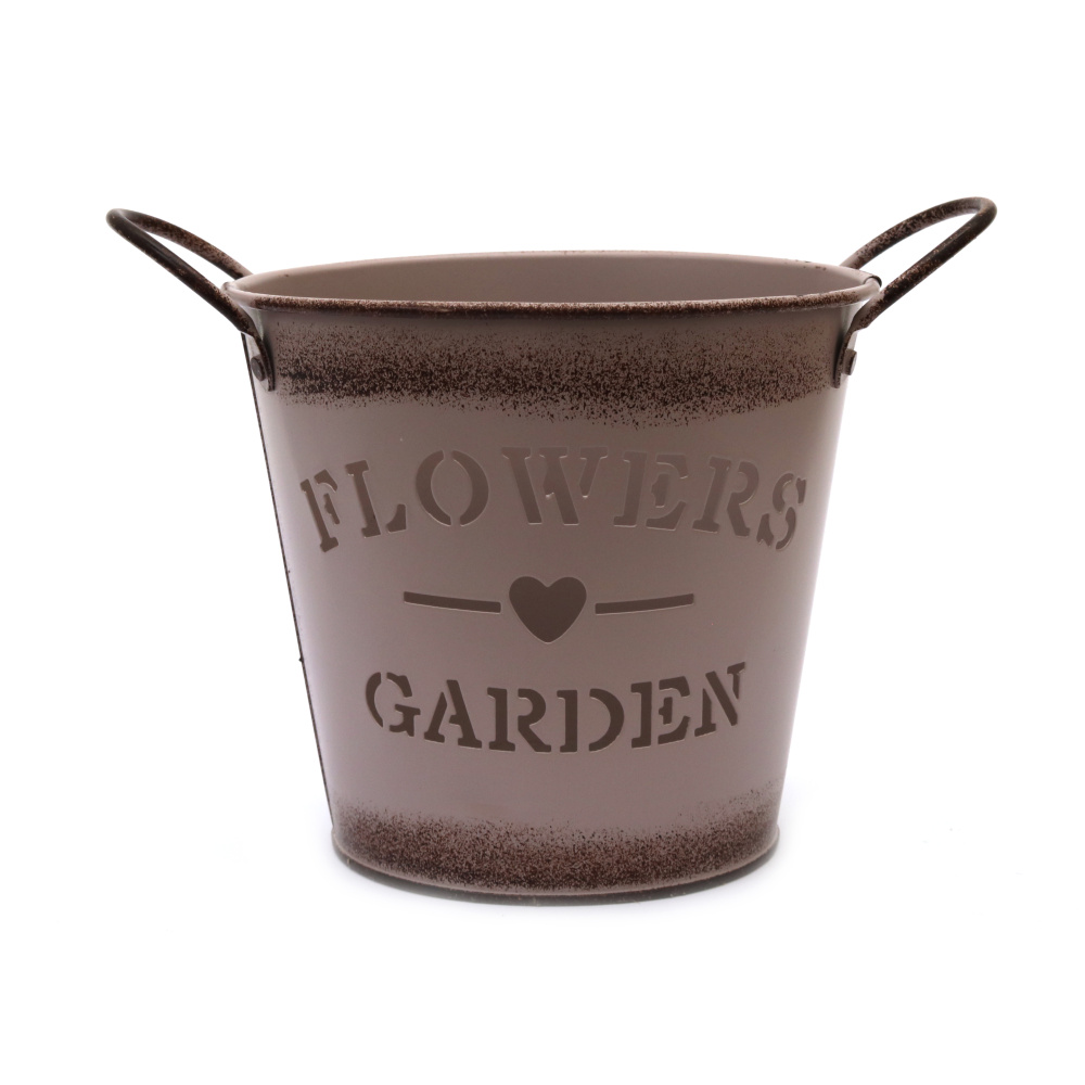 Decorative Metal Bucket 120x130 mm with Flowers and Garden Word Design, rose ash color