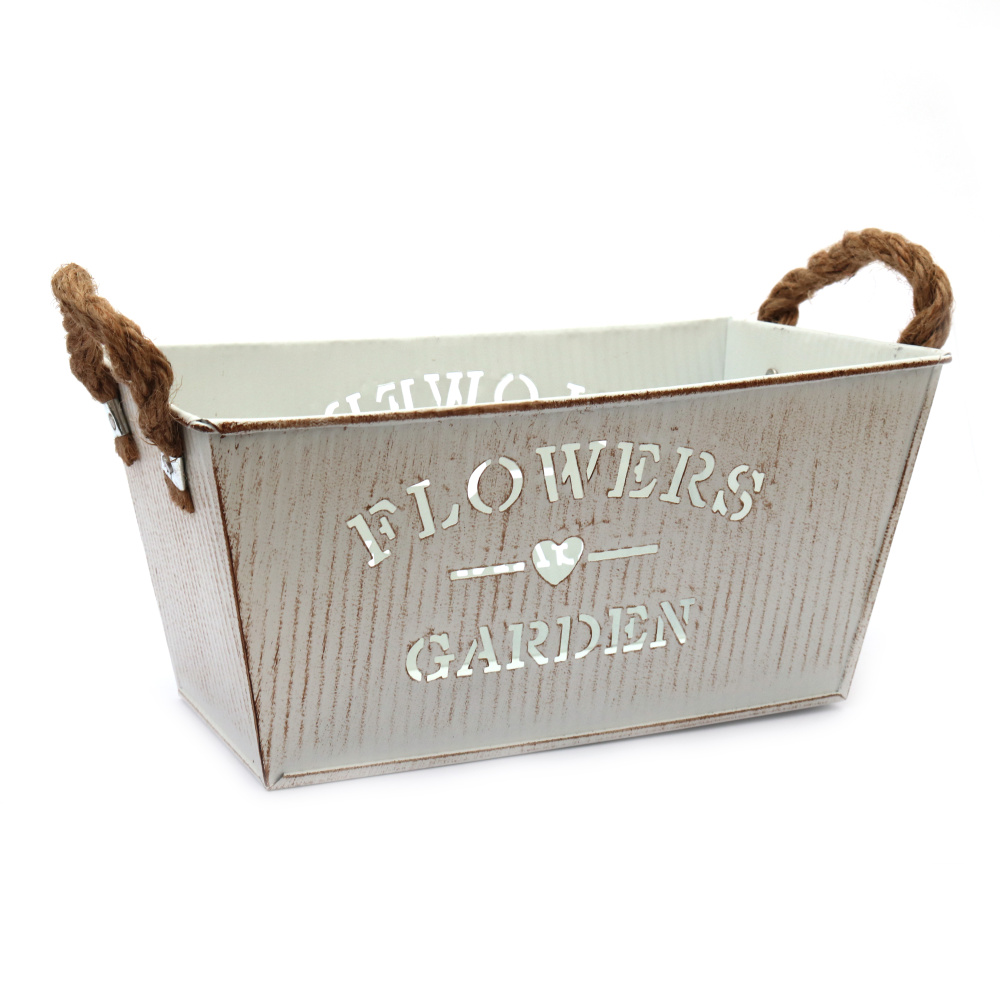 Metal Decorative Planter Flower Pot with Hemp Rope Handles and Flowers and Garden Word Design 122x210x100 mm, color white