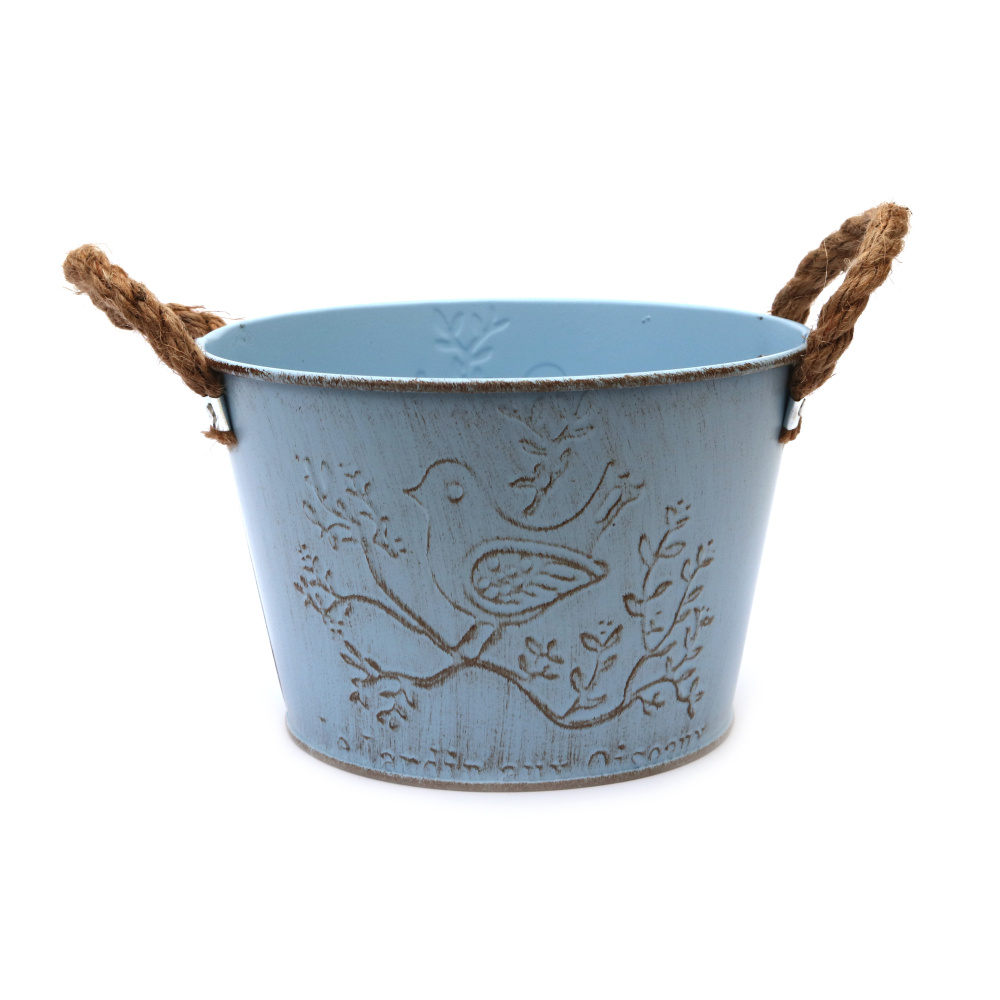Metal Decorative Embossed Plant Pot with Hemp Handles, 158x104 mm, color blue