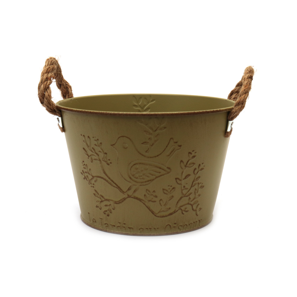 Metal Decorative Embossed Plant Pot with Hemp Handles, 158x104 mm, color green
