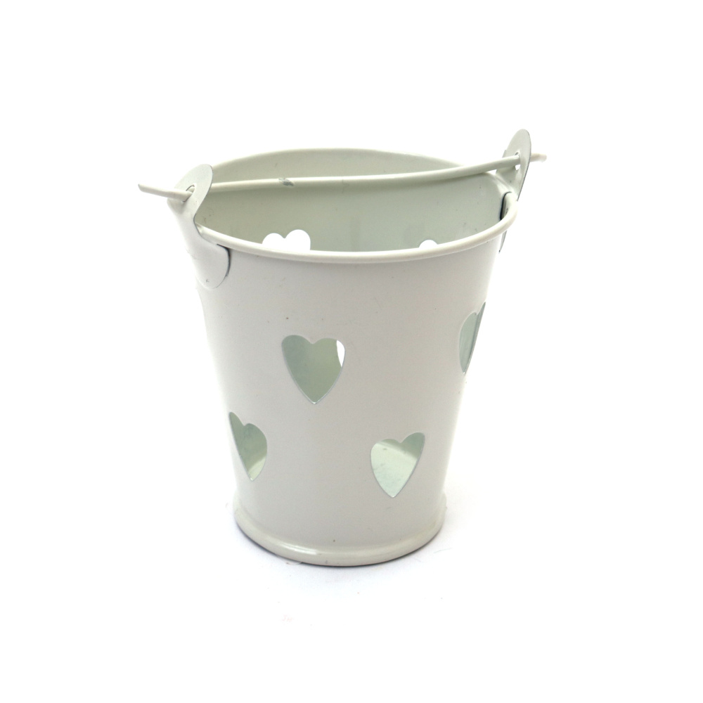 Găleată metalică pentru decor cu inimioare 50~55x38~42x50~52 mm, culoare albă