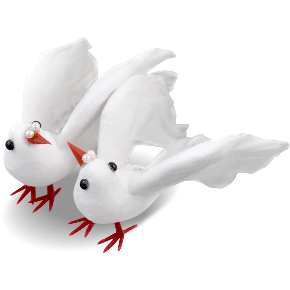 Decorative Doves Made of Cotton Wool and Feathers, MEYCO, 9 cm, in White Color - 2 Pieces