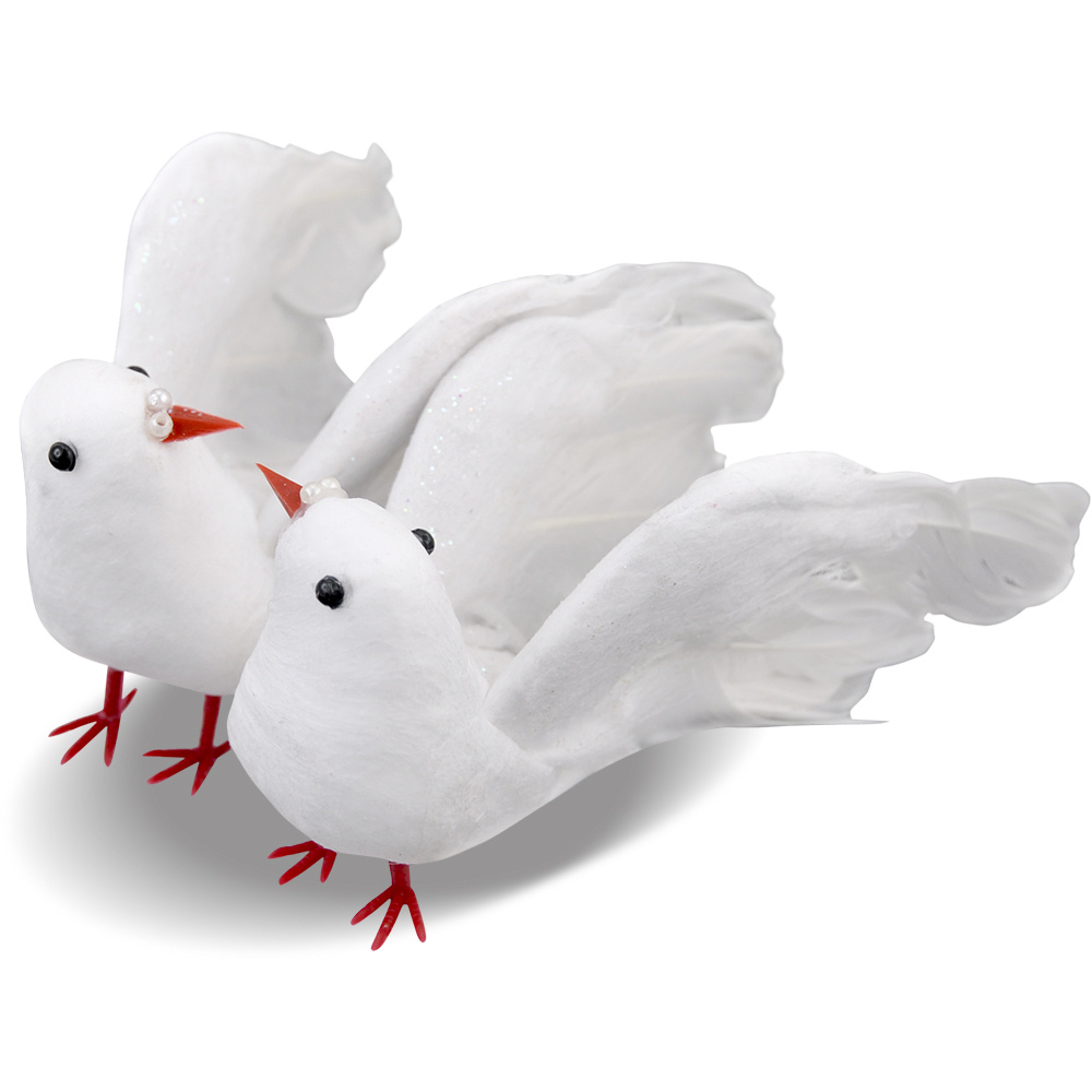 Doves for Decoration Made of Cotton Wool and Feathers, MEYCO, 16 cm, in White Color - 2 Pieces