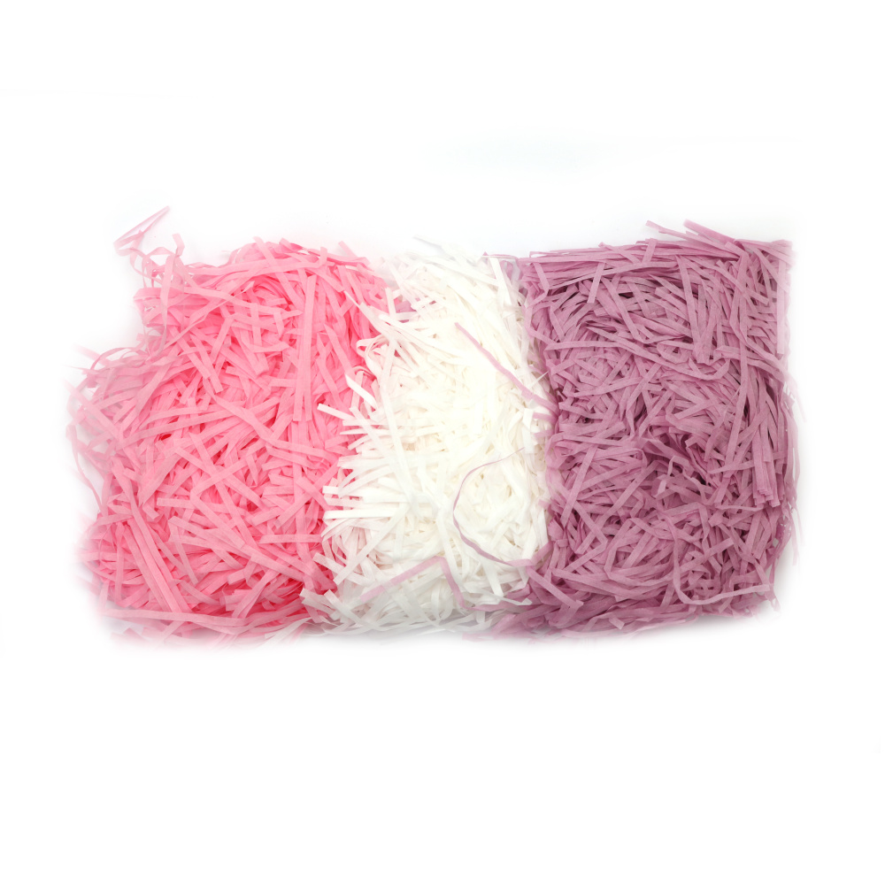 Paper Grass Strips in Three Colors - White, Pink and Purple; Shredded paper grass for Decoration, DIY Crafts, Gift Fillers - 30 grams