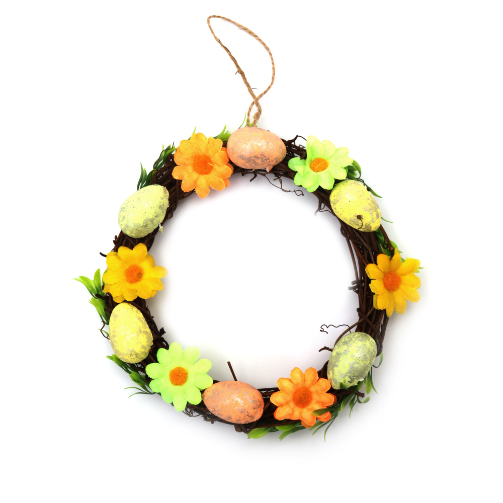 Easter Decorative Hanging Wreath with Artificial Twigs, Eggs & Flowers, 190mm
