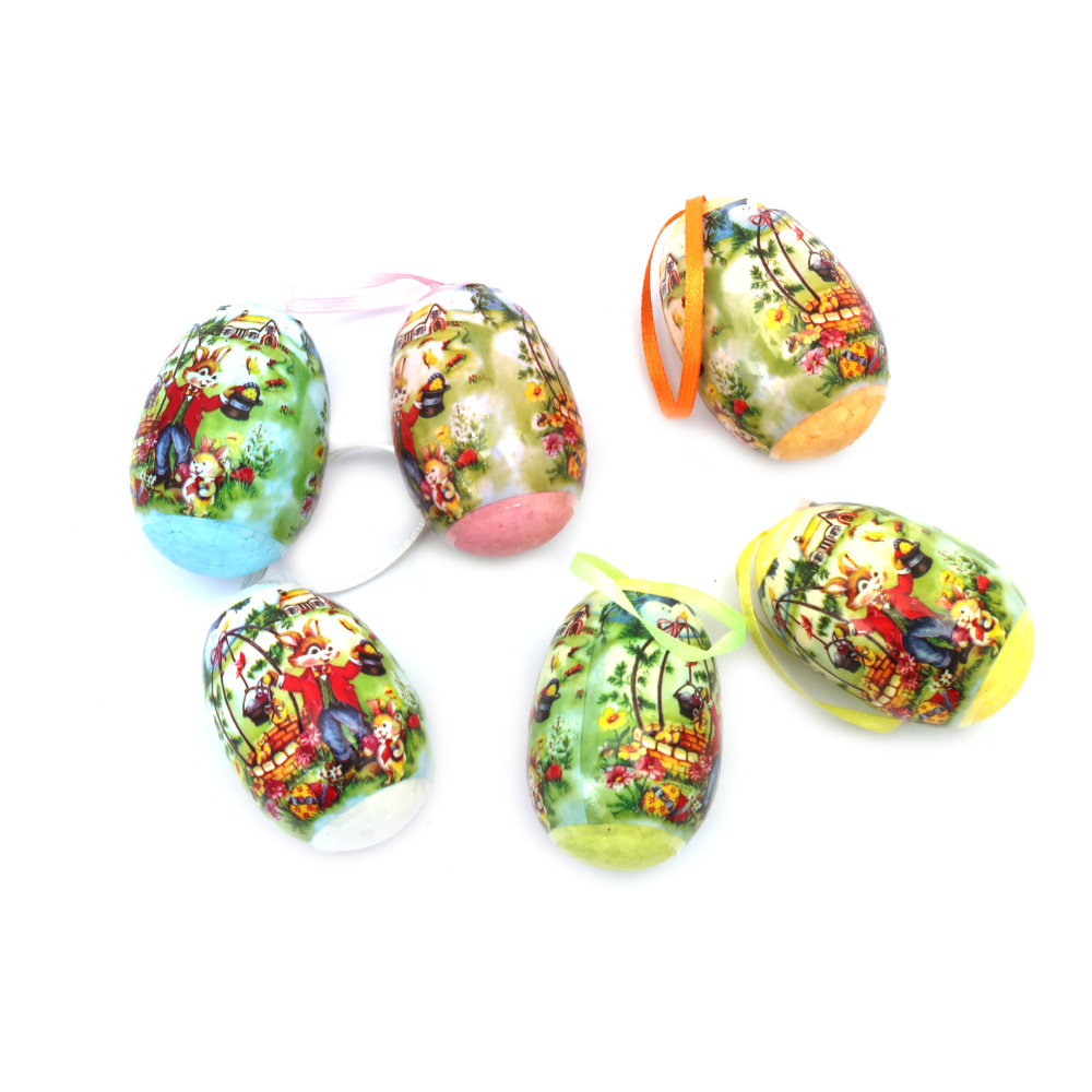 Set of styrofoam eggs, 59x40 mm, with hangers, mixed colors - 6 pieces